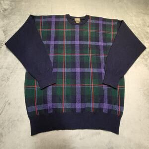 Neiman Marcus Sweater Mens Large Navy Green Tartan Plaid Cashmere Wool Scotland